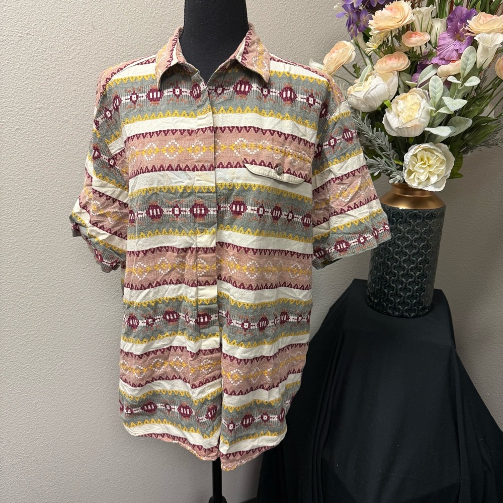 Backroad Blues Southwest Aztec Print Button Front Short Sleeve Blouse M